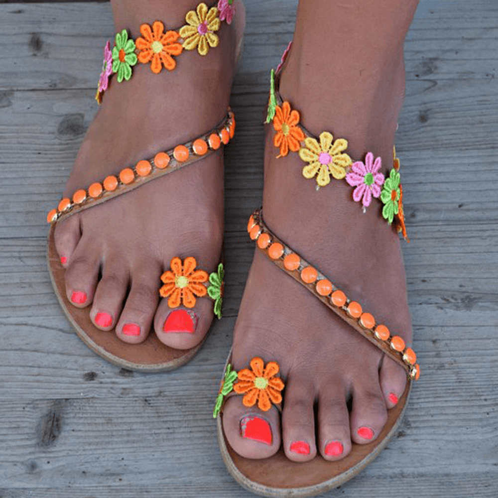 Women Bohemian Flower Decoration Bead Slip on Clip Toe Summer Beach Flat Sandals - MRSLM