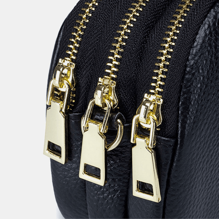 Women Genuine Leather 3 Zipper Pocket Fold Design Crossbody Bag - MRSLM