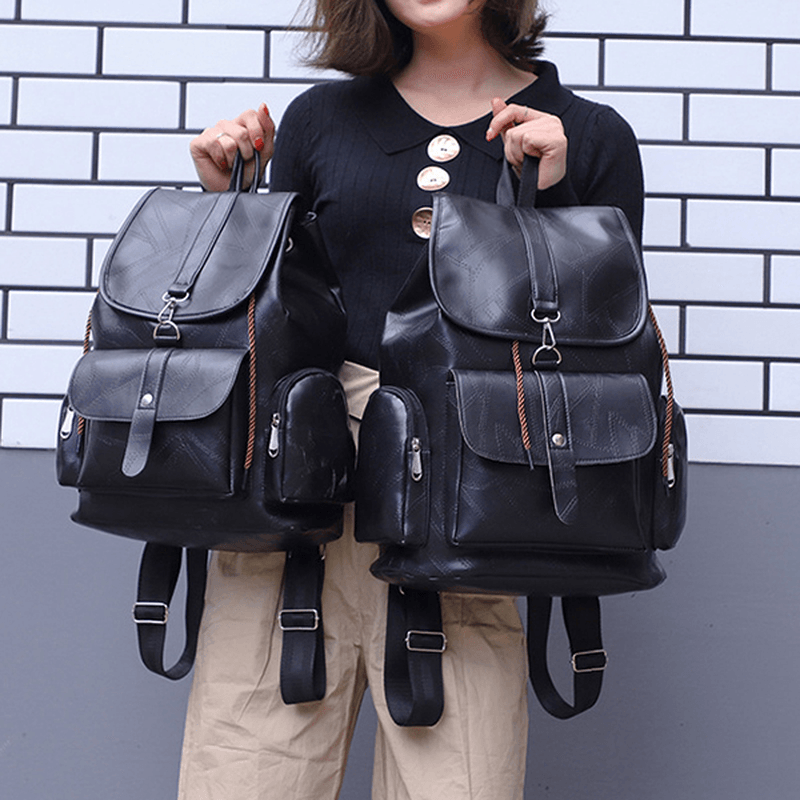 Women Solid Faux Leather Casual Backpack Travel Shoulder Bag - MRSLM