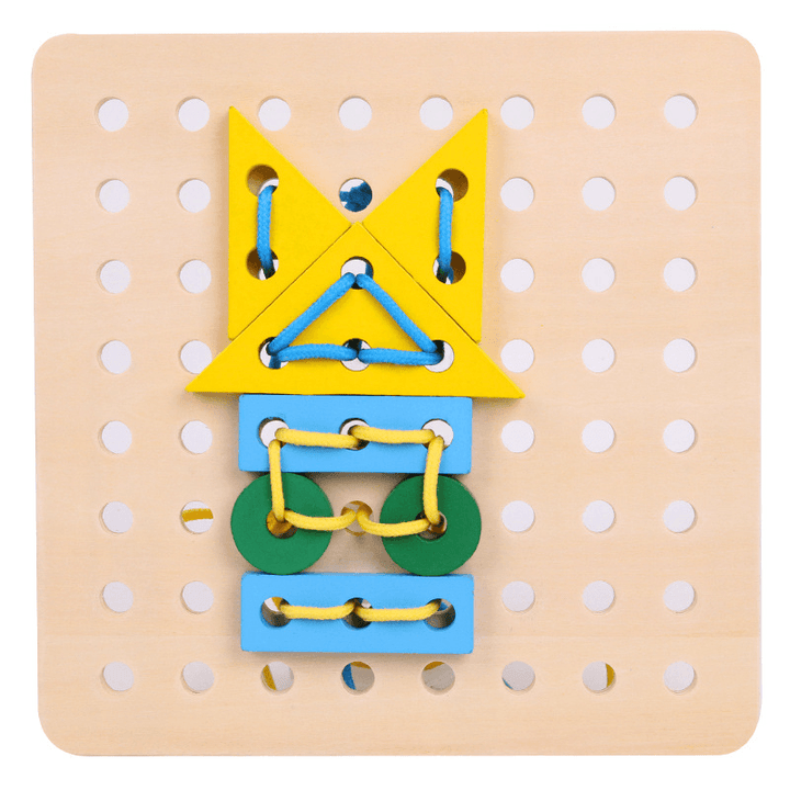 Fun Geometry Blocks Wooden Thread Board Jigsaw Toy Lacing Up - MRSLM