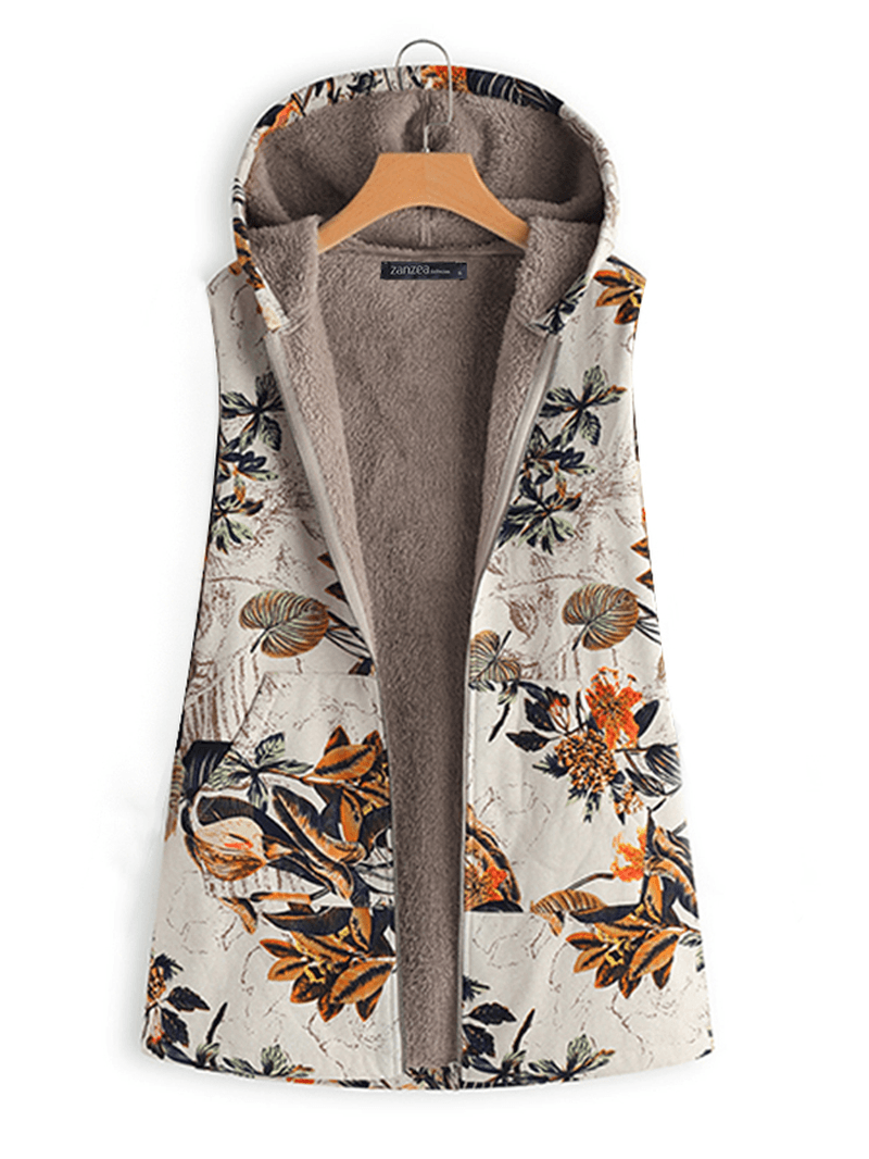 Women Sleeveless Zipper Floral Print Vest Outerwear Hooded Coats - MRSLM