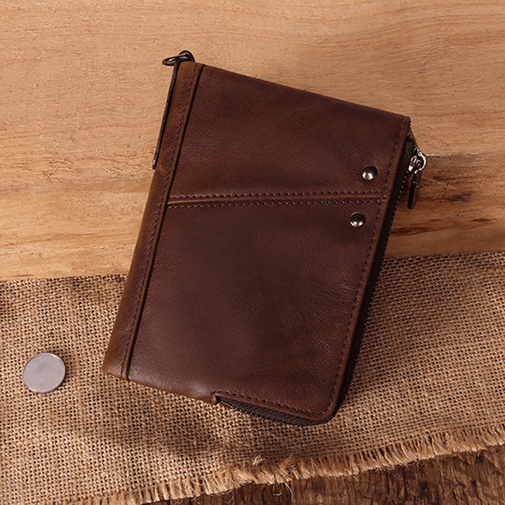 RFID Men Genuine Leather 10 Card Slot Wallet Double Zipper Coin Purse - MRSLM
