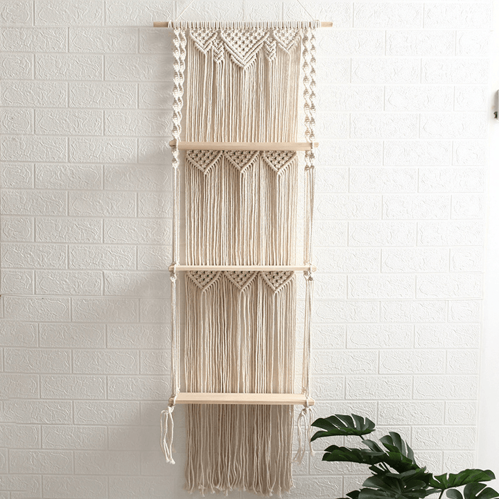 3-Tier Bohemia Macrame Woven Wood Mount Shelf Tapestry Tassel Wall Hanging Bookshelf for Home Decor - MRSLM