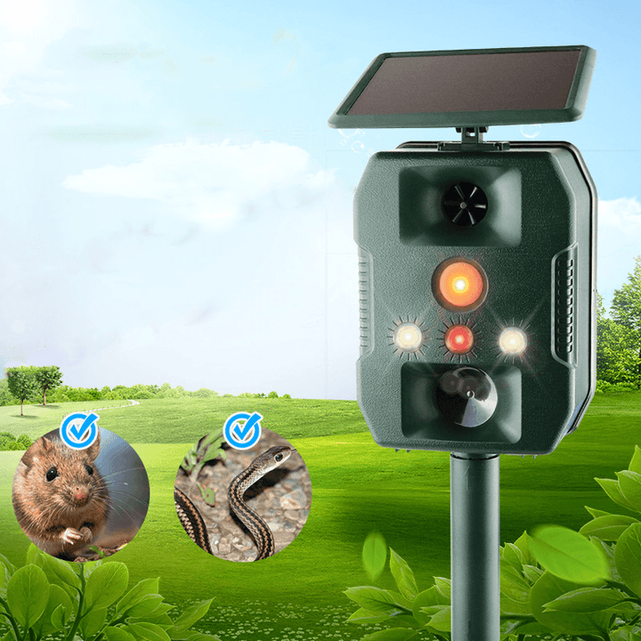 SJZ-618A Outdoor Infrared Induction Multi-Function Animal Repeller Solar Power Ultrasonic Vibration Voice Drive IP44 Waterproof for Rabbit Snake Rat Eagle Insect - MRSLM