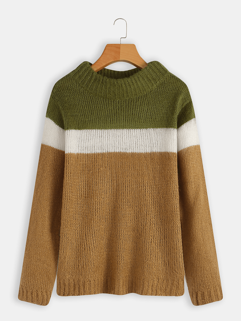 Long Sleeve High Collar Color Block Casual Sweaters - MRSLM