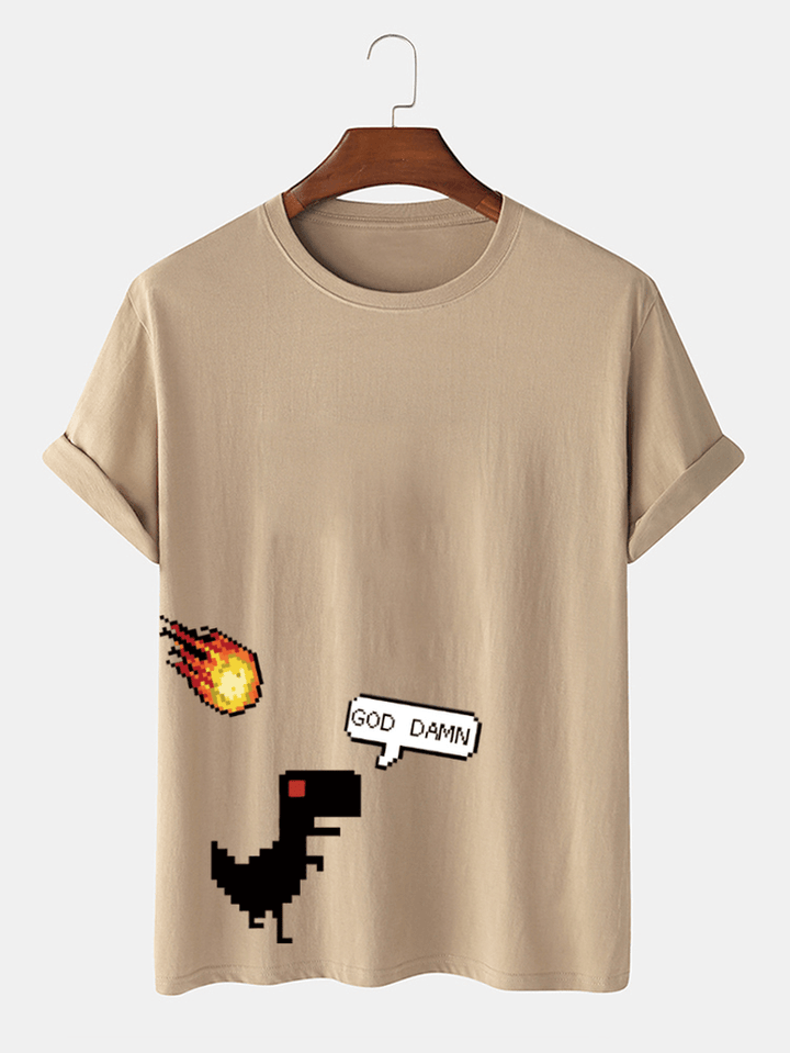 Mens 100% Cotton Cartoon Funny Dinosaur Print O-Neck Casual T-Shirt - MRSLM