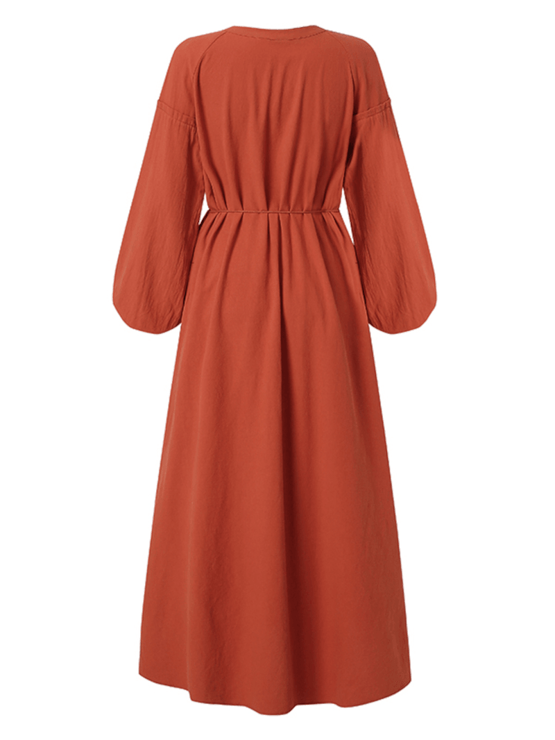 Solid Color O-Neck Puff Sleeves Lace up Split Hem Button Belted Casual Maxi Dress - MRSLM