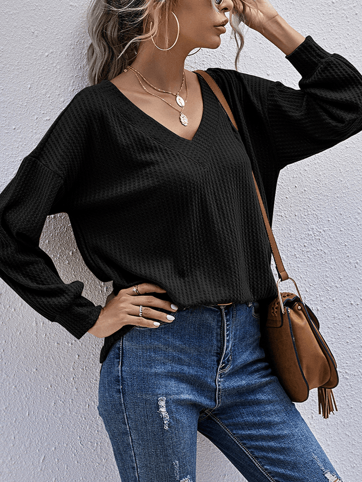 Women Texture Knit V-Neck Pure Color Long Sleeve Plain Sweaters - MRSLM