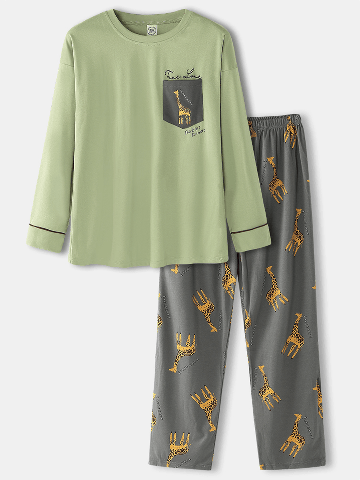 Mens Cartoon Giraffe Letter Print Drop Shoulder Cotton Cozy Pajamas Sets - MRSLM