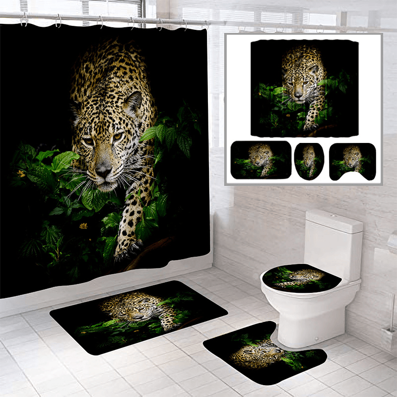 3D Leopard Pattern Shower Curtain Anti-Slip Bath Mat Toilet Pad Set Toilet Pattern Carpet for Home Bath Decor - MRSLM