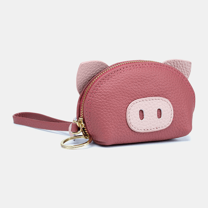 Women Genuine Leather Casual Cute Animal Pig Pattern Mini Hand Carry Coin Bag Storage Bag - MRSLM