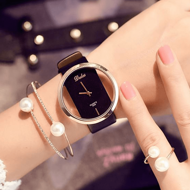 2 Pcs/Set PU Alloy Women Casual Watch Decorated Pointer Hollow Quartz Watch Bracelet - MRSLM