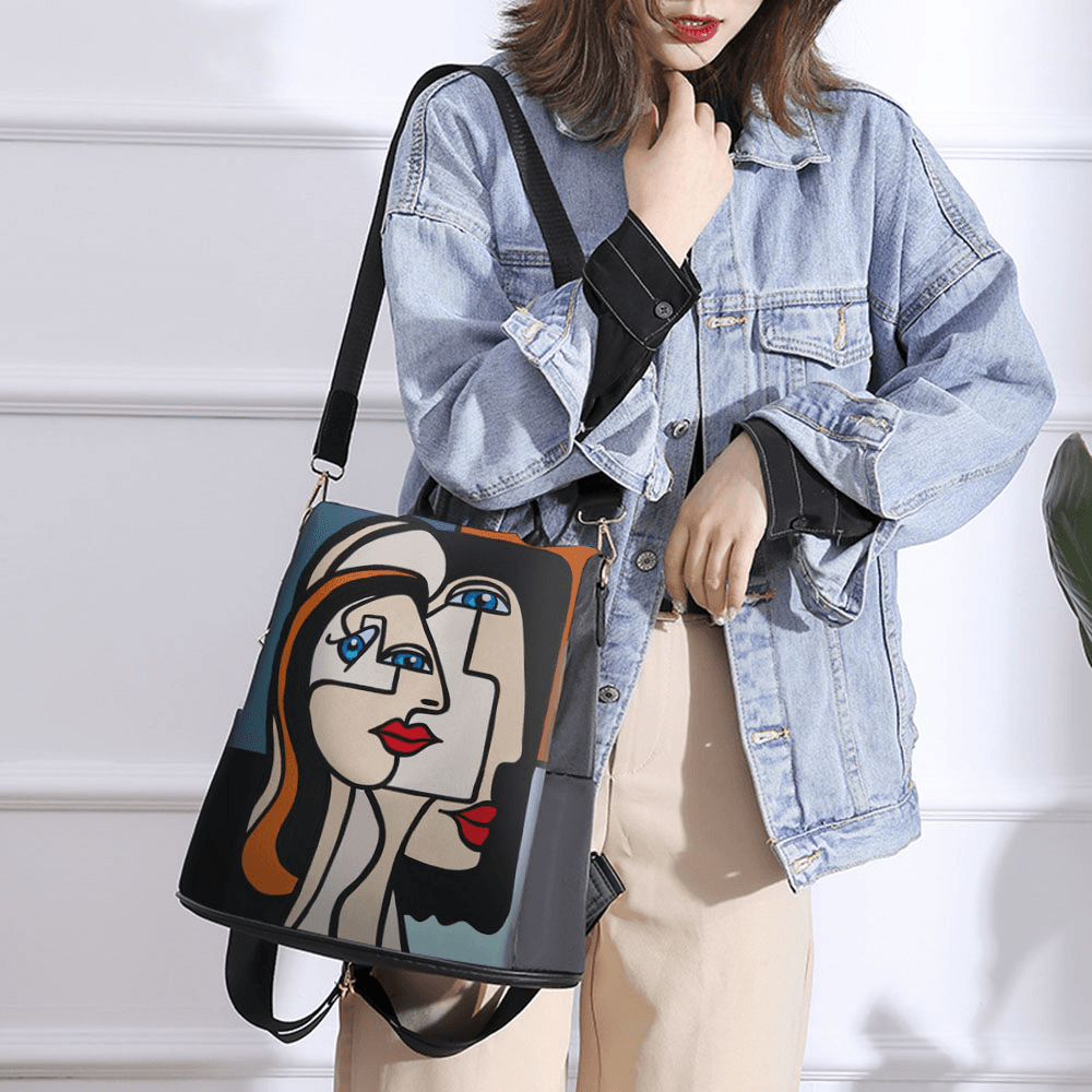 Women Nylon Cartoon Abstract Stick Figure Pattern Large Capacity Shoulder Bags Backpack - MRSLM