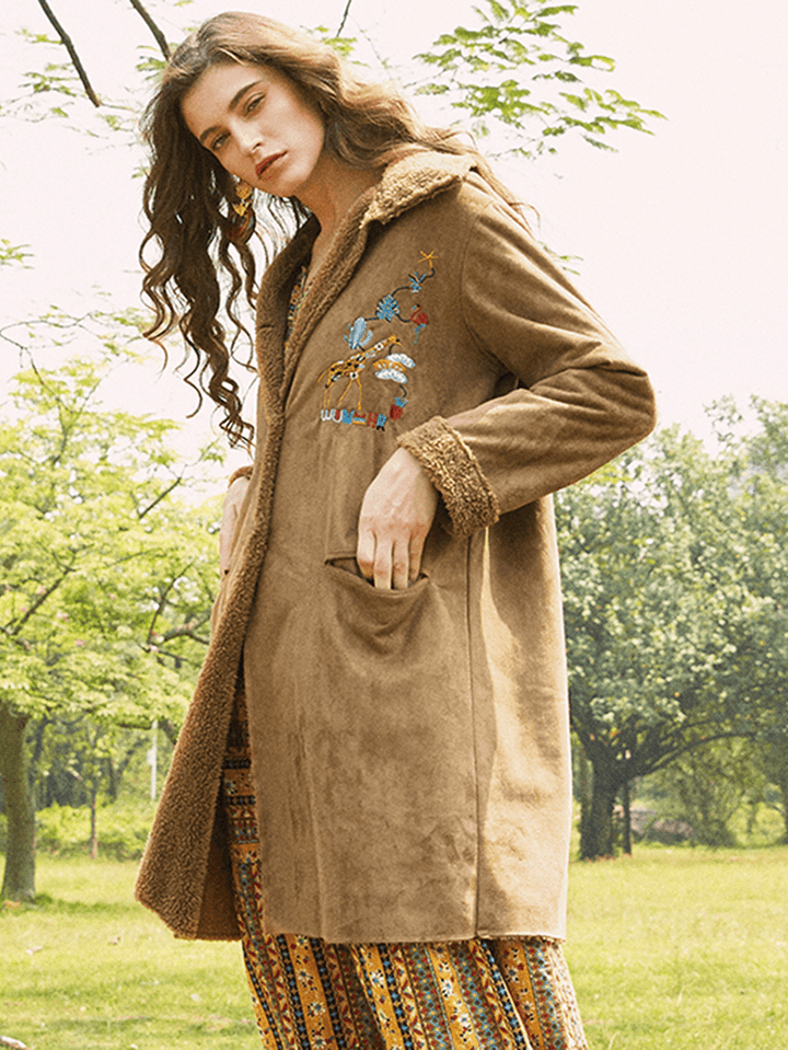 Suede Cartoon Embroidered Button Long Sleeve Coats - MRSLM