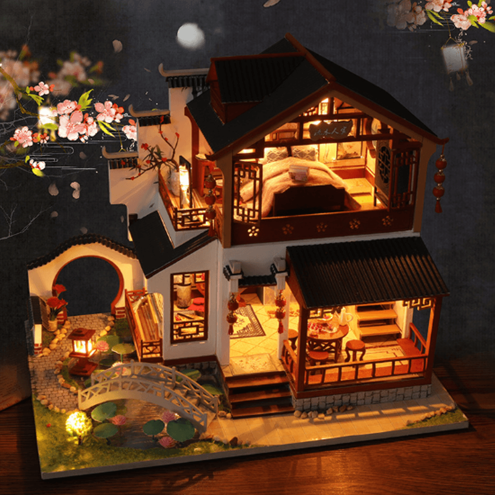 Wooden DIY Doll House with Furniture Zhao Hua Xi Shi Retro Chinese Style Antique Architecture Loft Doll House Indoor Toys - MRSLM