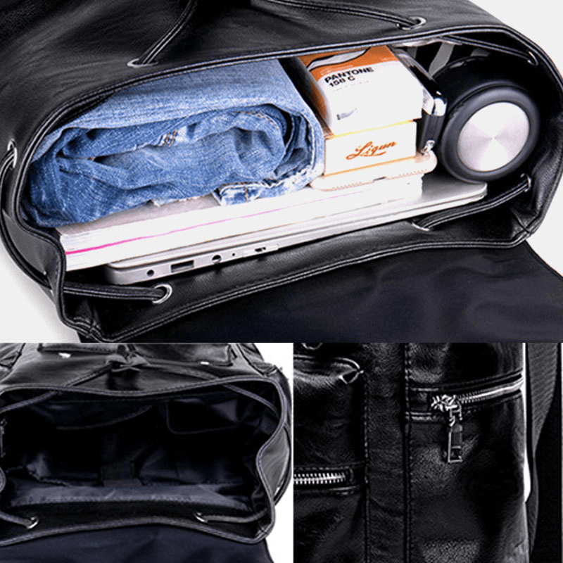 Men Faux Leather Large Capacity Business Casual 14 Inch Laptop Bag Travel Bag School Backpack - MRSLM