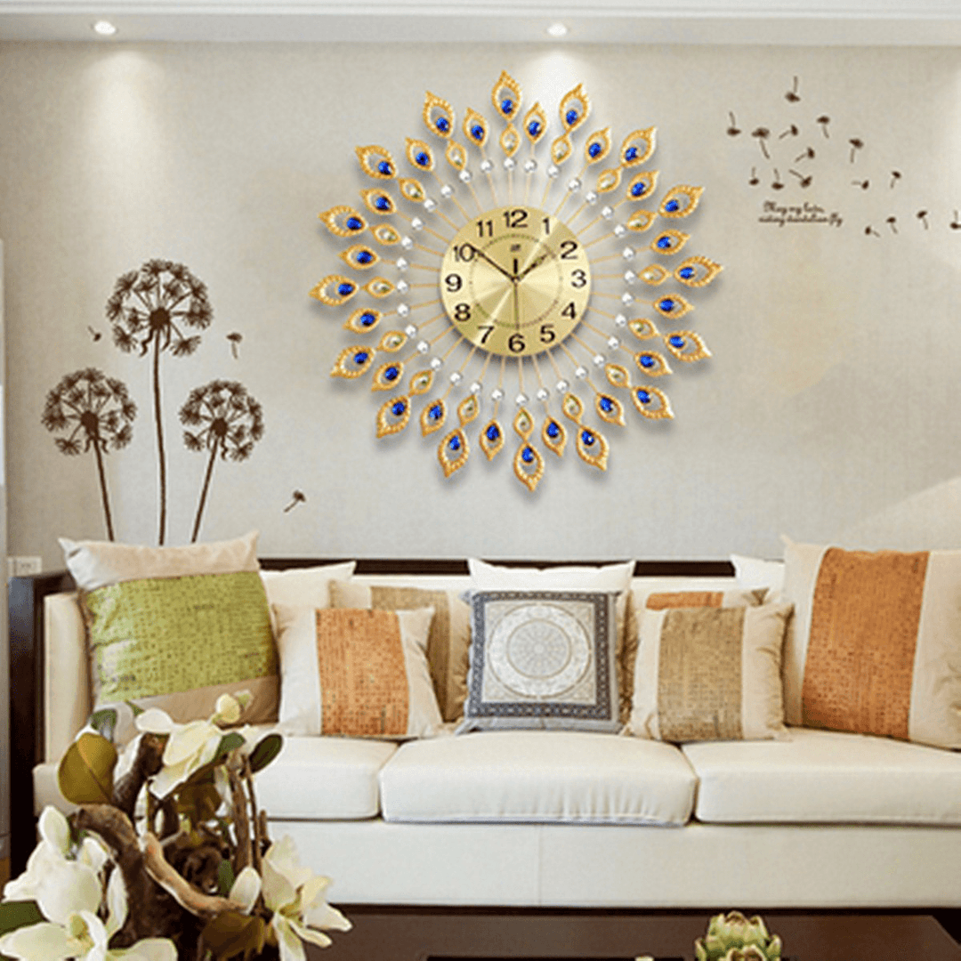 67CM Luxury Peacock Diamond Iron Art Wall Clock Living Bed Room Watch Home - MRSLM