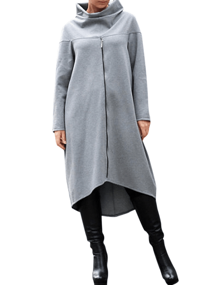 Women Long Sleeve High Neck Loose Hoodies Solid Color Dresses - MRSLM