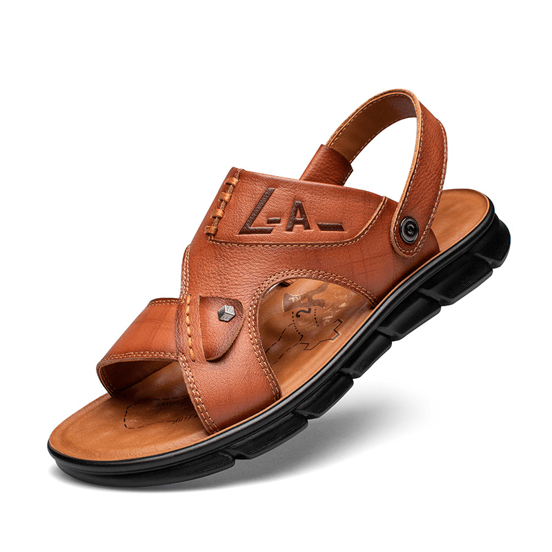 Men Cowhide Leather Opened Toe Non Slip Comforty Beach Casual Outdoor Sandals - MRSLM