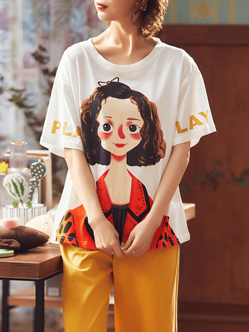 Plus Size Women Fruit Cartoon Print Ruffle Trims Short Sleeve Pajama Sets - MRSLM