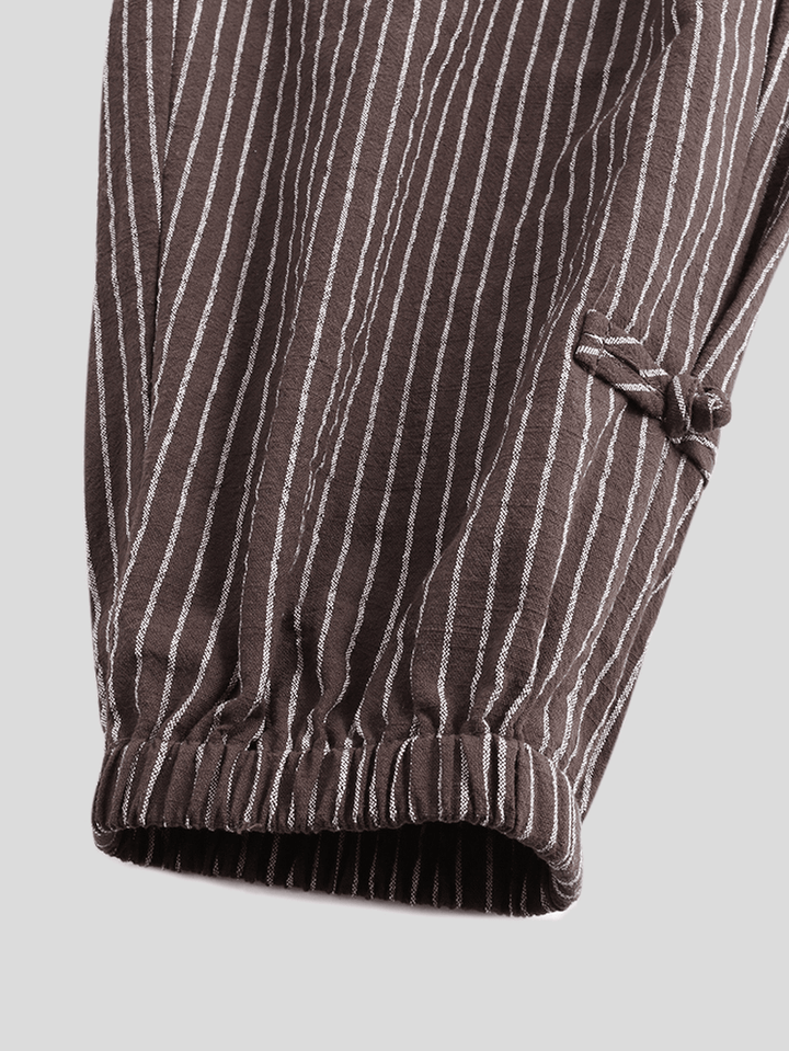 Mens Vintage Stripe 100% Cotton Solid Color Drawstring Casual Pants - MRSLM
