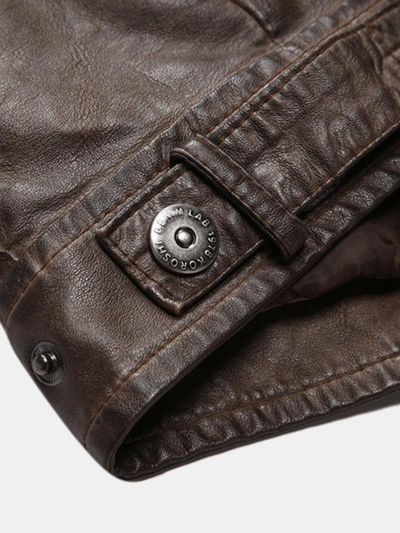 Mens Multi Pocket Zipper Long Sleeve Vintage Washed PU Leather Jacket - MRSLM