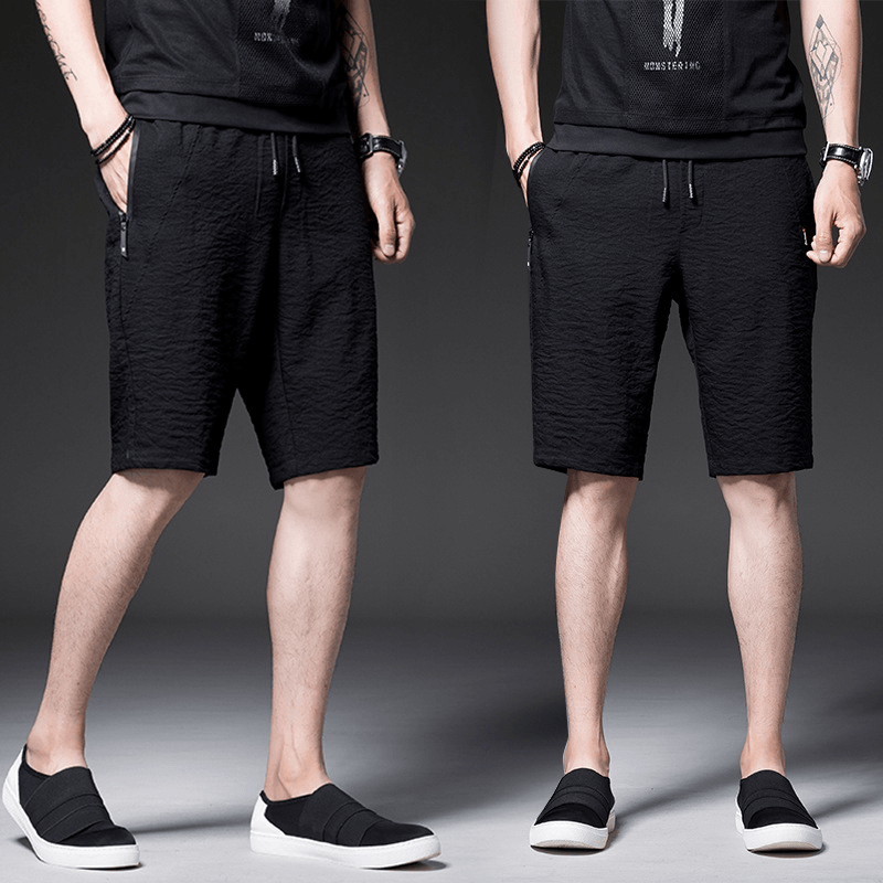 Men'S Quarter Zipper Pocket Thin Section Five Pants Season Pure Black Shorts - MRSLM