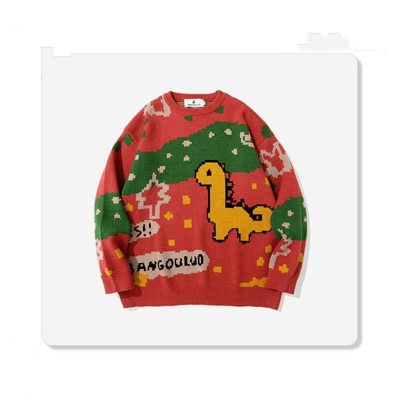 Men'S round Neck Dinosaur Print All-Match Casual Loose Sweater - MRSLM