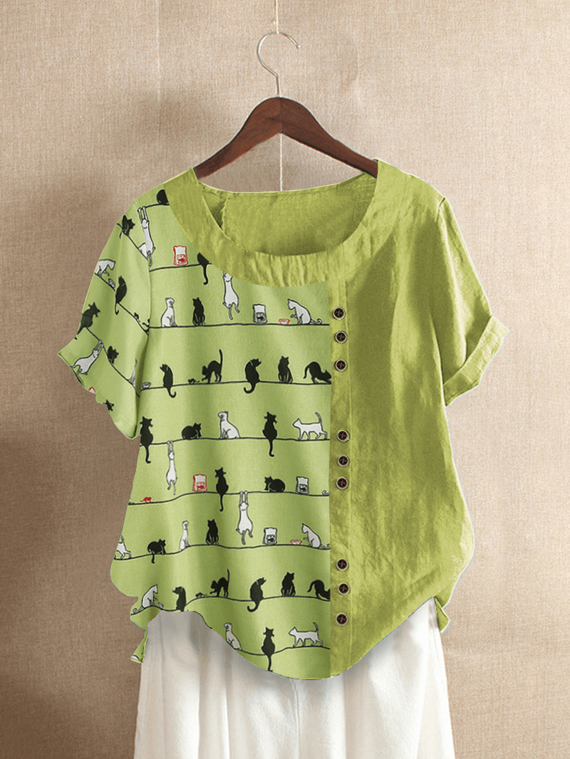 Cartoon Cat Print round Neck Short Sleeved Button Casual T-Shirts for Women - MRSLM