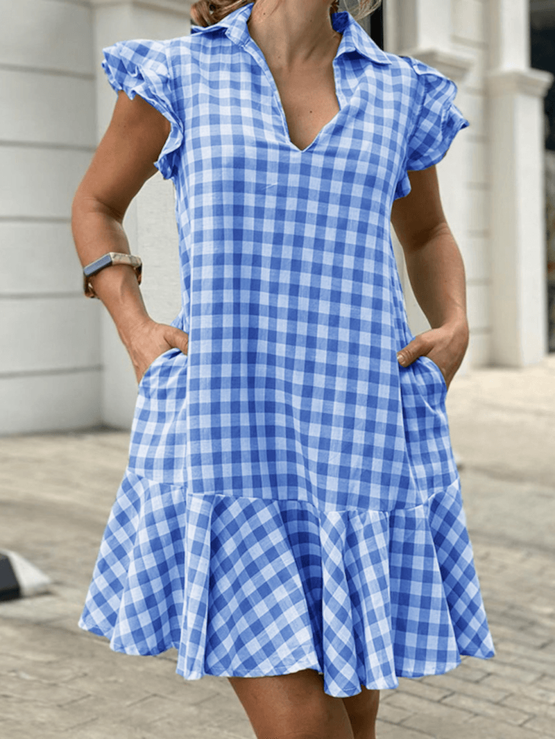 Lapel Plaid Ruffles Side Pocket Summer Dress for Women - MRSLM