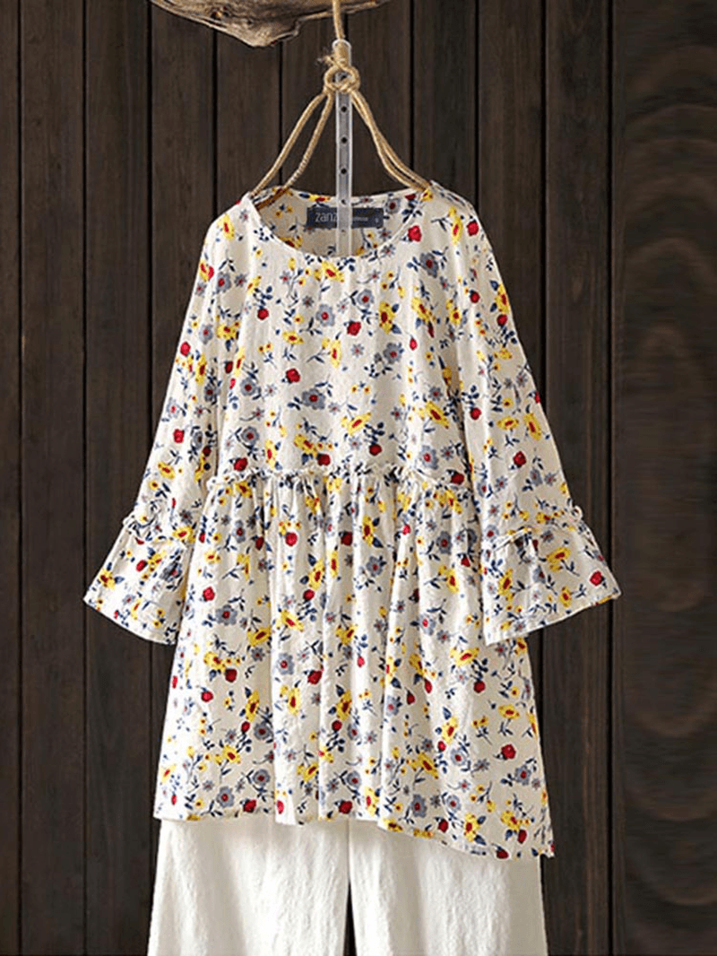 Women Casual Floral Printed O-Neck 3/4 Flare Sleeve Blouse - MRSLM