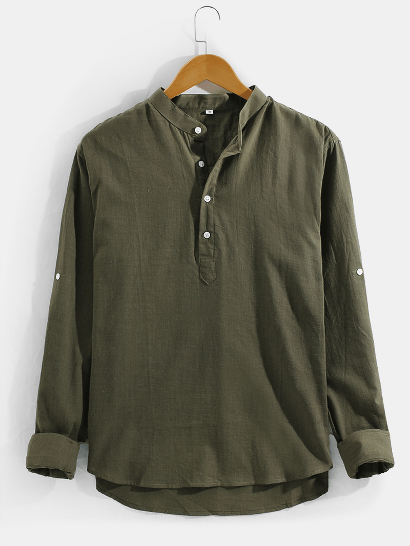 Mens Vintage Solid Color Long Sleeve High-Low Hem Henley Shirts - MRSLM