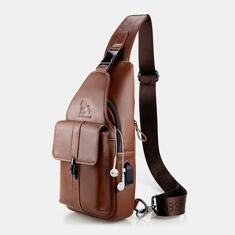 Men Genuine Leather USB Charging Retro Casual Cowhide Chest Bag Sling Bag Crossbody Bag - MRSLM