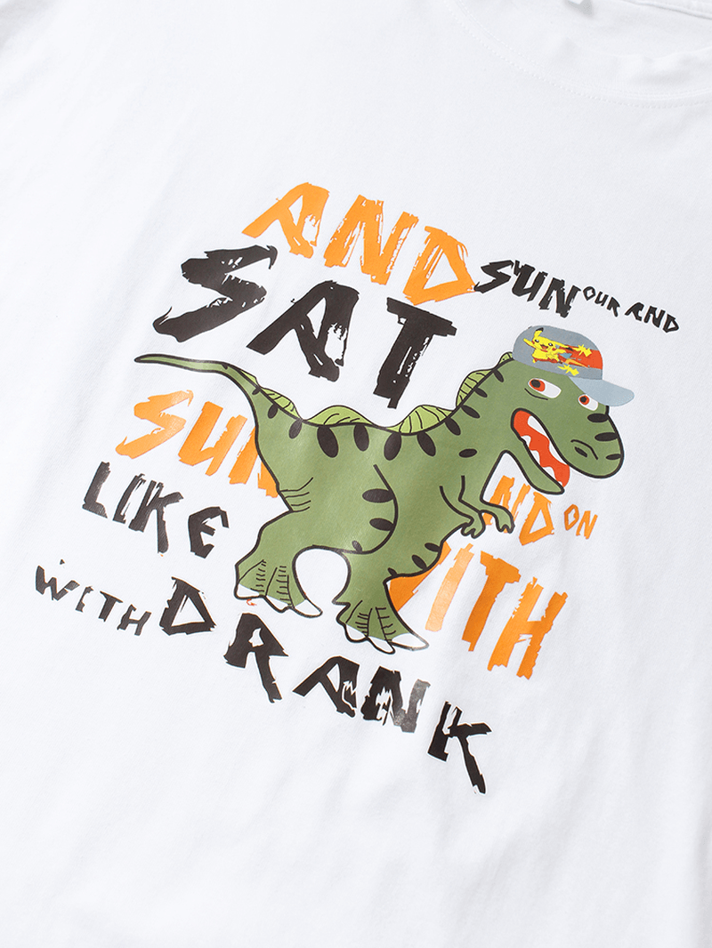 Mens Funny Cartoon Dinosaur Letter Print Short Sleeve Loose T-Shirts - MRSLM