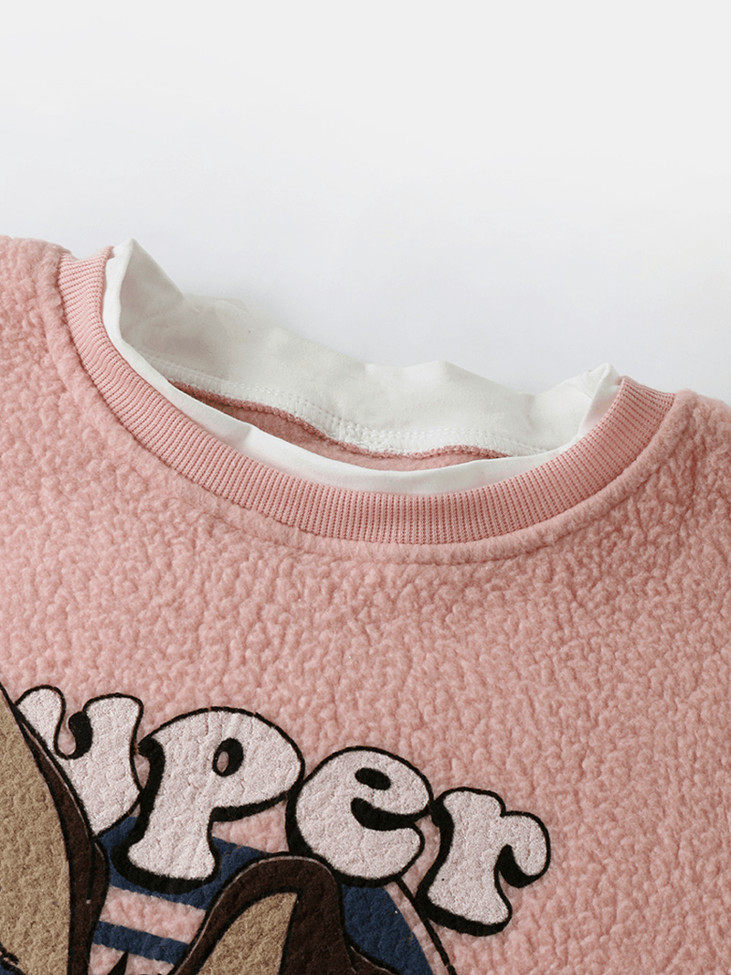 Cartoon Print Stitching Hem Teddy round Neck Casual Cute Sweatshirt - MRSLM