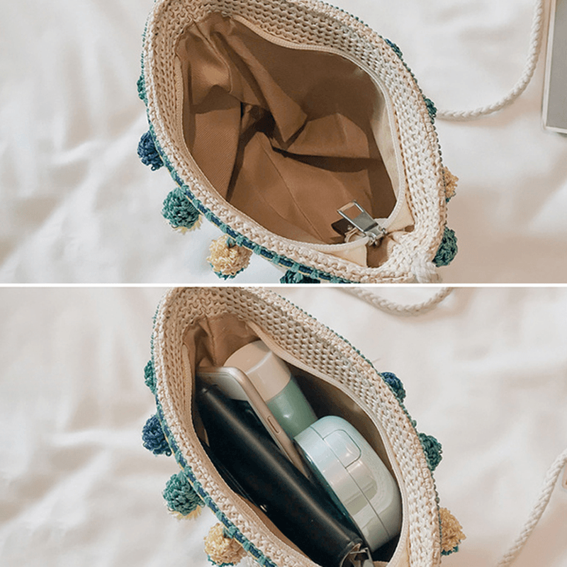 Straw Tassel Leisure Zipper Bucket Bag Shoulder Bag - MRSLM