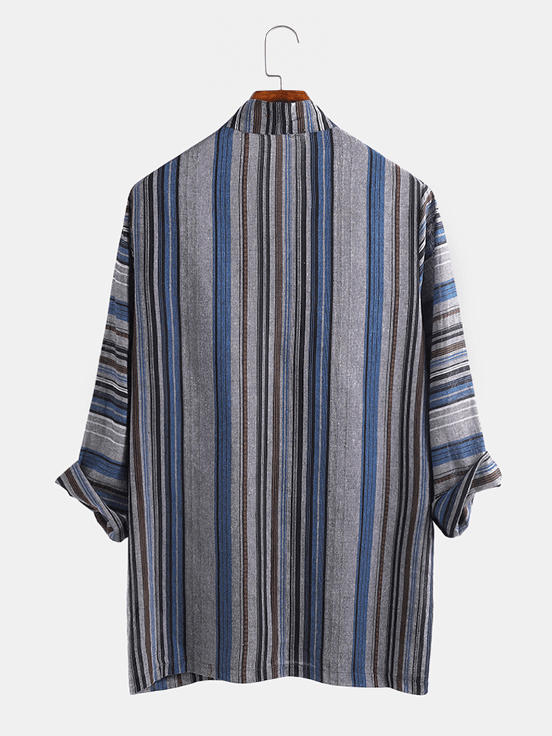 Mens Cotton Vintage Stripe Dual Pocket Kimono Cardigan Shirts - MRSLM