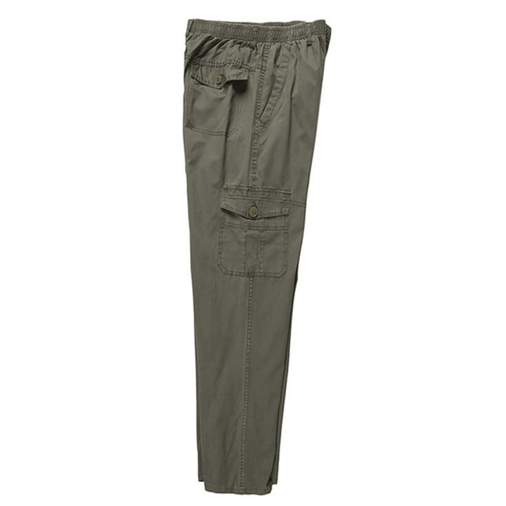Mens Elastic Waist Multi Pocket Solid Color Casual Cotton Summer plus Big Size Pants - MRSLM