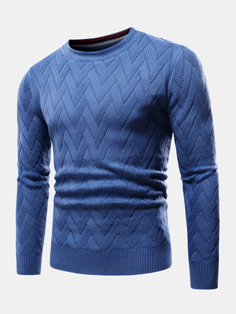 Mens Chevron Knitted Solid Color Crew Neck Slim Fit Casual Sweater - MRSLM