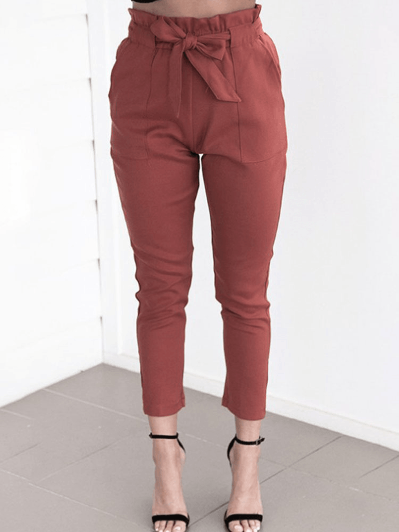 Solid Color Ruffle Knotted Pocket Casual Cropped Pants for Women - MRSLM