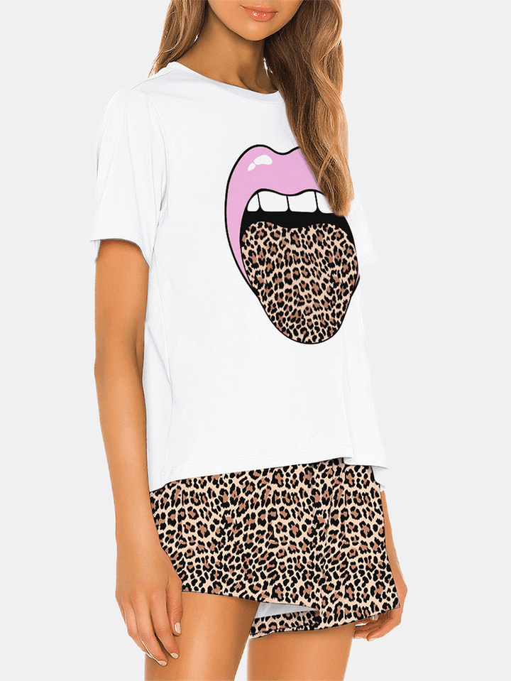 Women Funny Leopard Print round Neck Short Sleeve Breathable Pajama Set - MRSLM