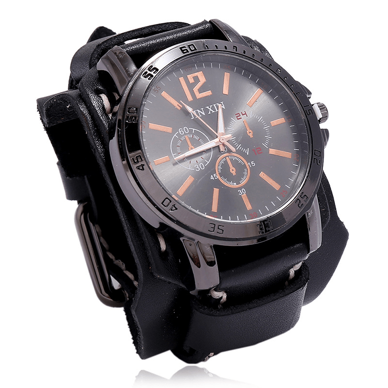 Deffrun Retro Style Decorative Three Dial Quartz Watch Cowhide Leather Band Men Wrist Watch - MRSLM