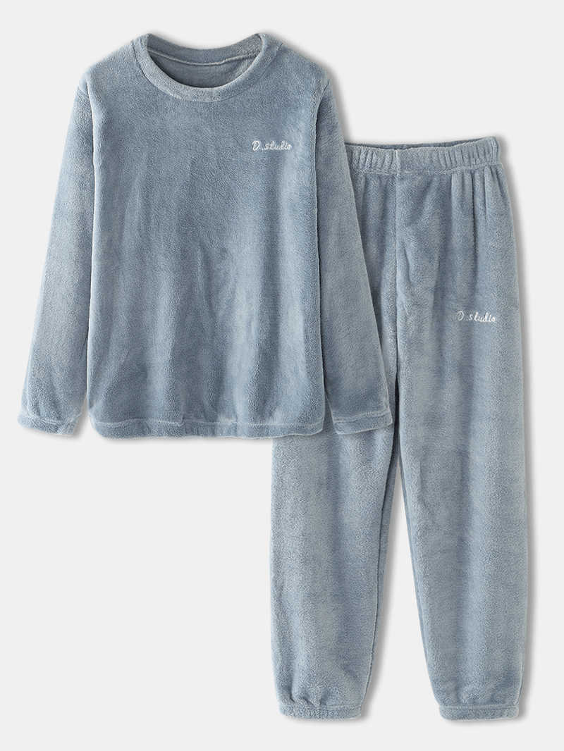 Women Solid Color Soft Long Sleeve Pullover Elastic Waist Home Pants Pajama Set - MRSLM