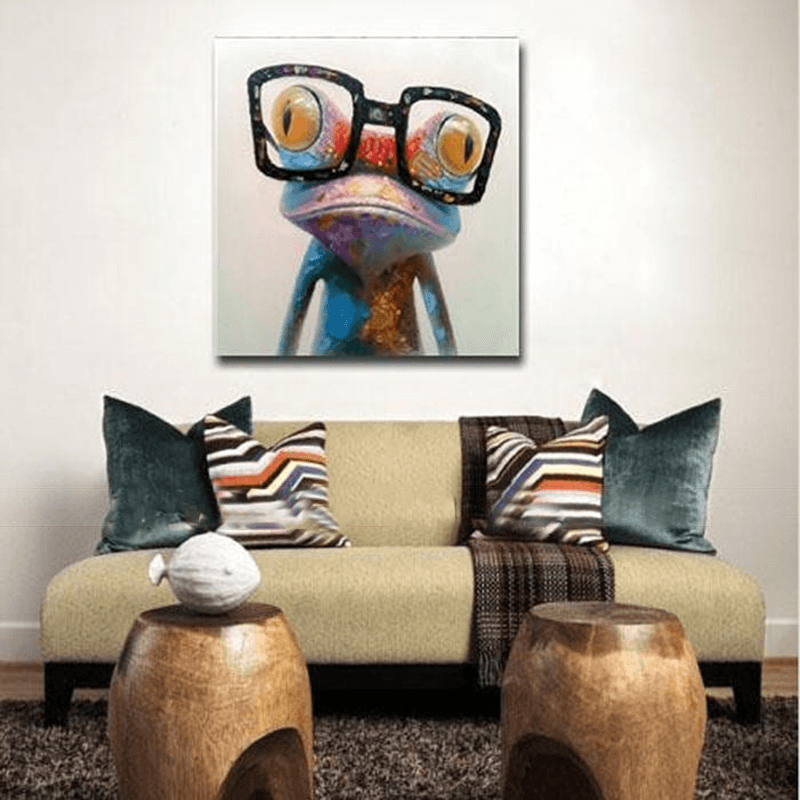 Miico Hand Painted Oil Paintings Animal Modern Art Happy Frog with Glasses on Canvas Wall Art for Home Decoration 30X30Cm - MRSLM