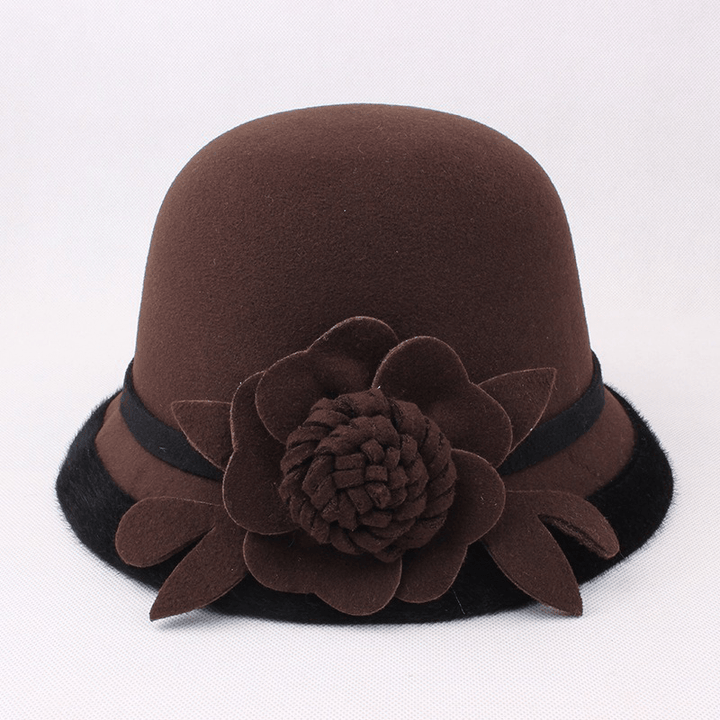 Women Warm Woolen Bowler Hat Flower Ethnic Bucket Hat - MRSLM