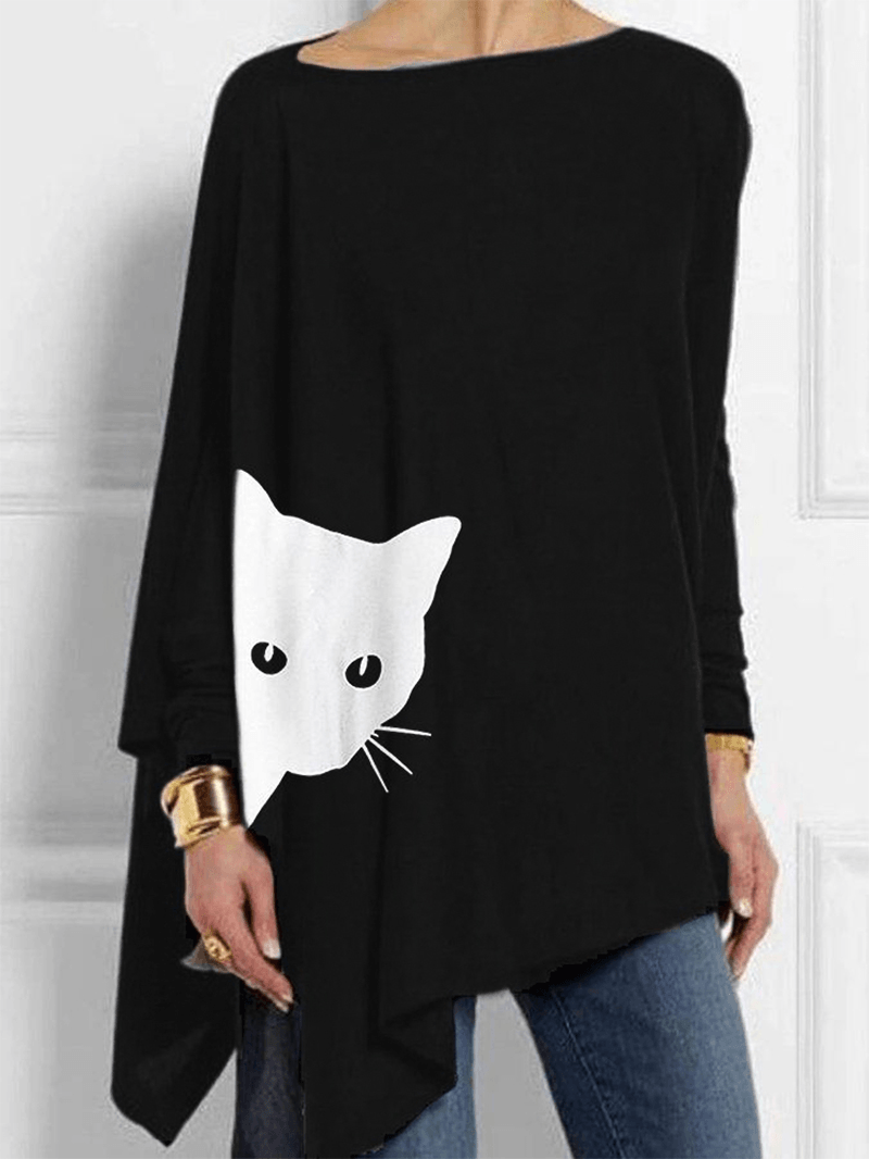 Irregular Cartoon Cat Print Long Sleeve Splited Blouse - MRSLM