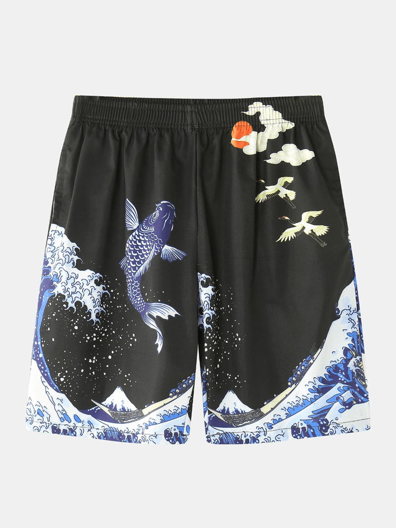 Mens Kimono Waves & Cap Pattern Japanese Elastic Waist Two Piece Outfits - MRSLM