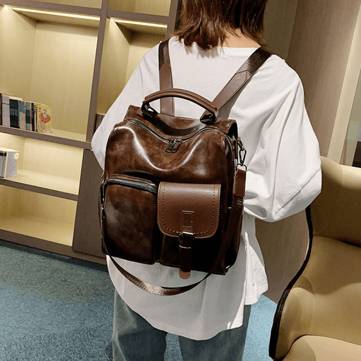 Women Vintage Faux Leather Multifunctional Backpack Crossbody Bag - MRSLM