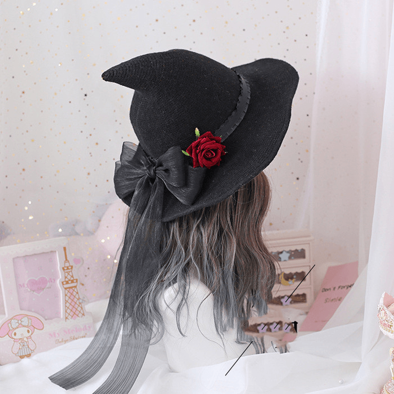 Lolita Halloween Retro Witch Hat Masquerade Rose Big Bow Wizard Hat Gothic Magical Girl Hat Cosplay Accessories Party Decor - MRSLM