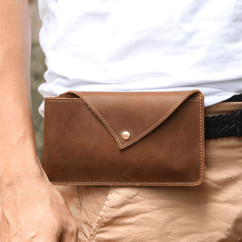 Men Horizontal Envelope-Shape Belt Bag Retro Casual Sport 6.5 Inch Phone Bag Cowhide Waist Bag - MRSLM